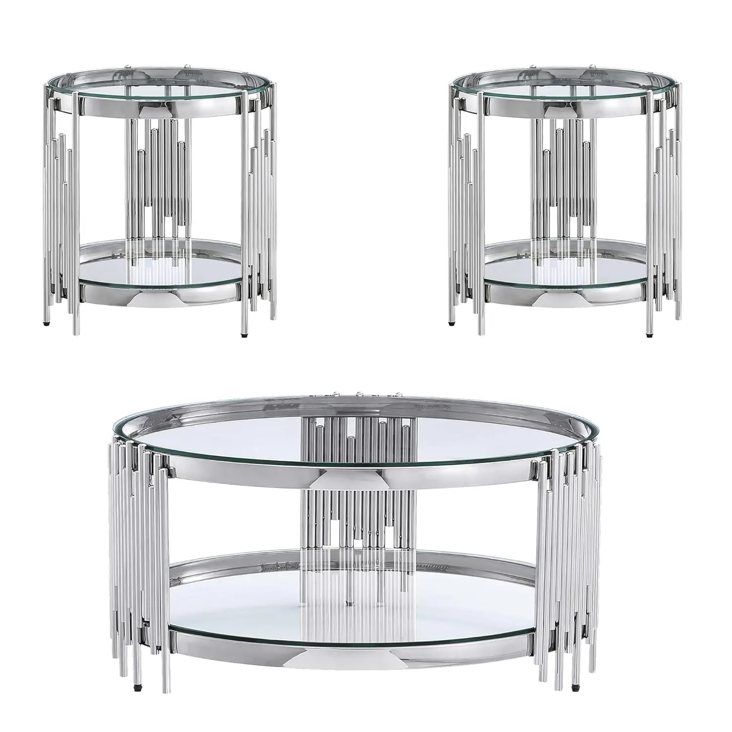 Silver 2-Tier Glass Coffee Table Set Coffee & 2 End Tables Stainless Steel Legs Clear Tempered Glass Living Room Customized
Silver 2-Tier Glass Coffee Table Set Coffee & 2 End Tables Stainless Steel Legs Clear Tempered Glass Living Room Customized