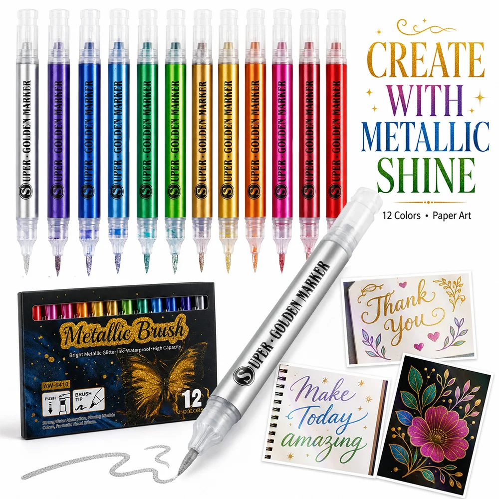 12 Colors Metallic Brush Paint Markers Glitter Pens Flexible Tip Waterproof Black Paper Journaling Card Making DIY Art Supplies
12 Colors Metallic Brush Paint Markers Glitter Pens Flexible Tip Waterproof Black Paper Journaling Card Making DIY Art Supplies