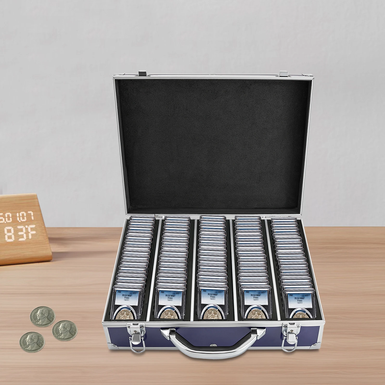 Blue Coin Storage Box—Aluminum Alloy/HPL 5 Compartments(100-Coin Capacity) Security Latch+Keys, Sponge Liner for Coin Protection
Blue Coin Storage Box—Aluminum Alloy/HPL 5 Compartments(100-Coin Capacity) Security Latch+Keys, Sponge Liner for Coin Protection