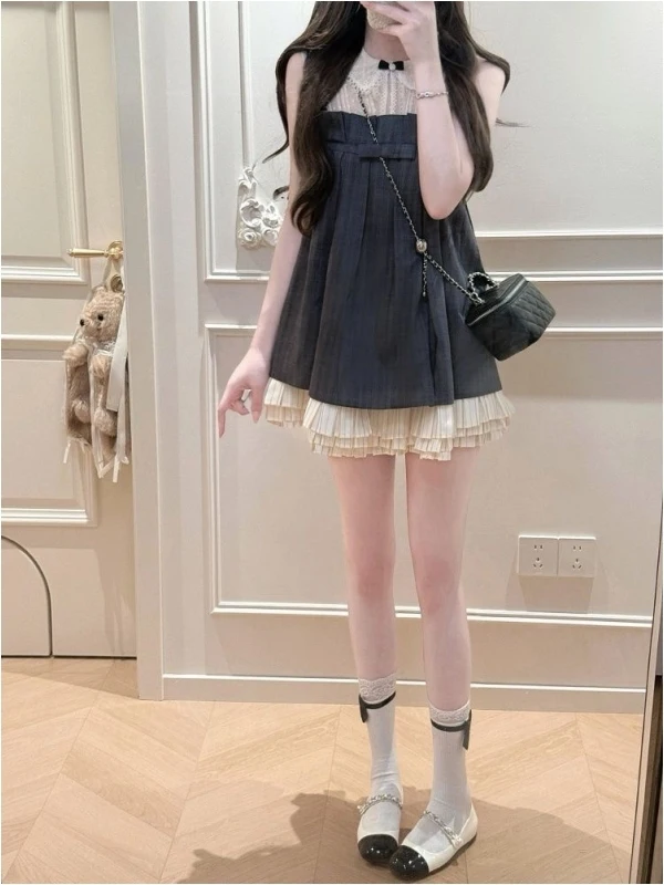 Kangaroopark Women's Summer Outfit Knot Loose Mesh Sleeveless Doll Collar Top And Skirt Set Short Length Regular Fit
Kangaroopark Women's Summer Outfit Knot Loose Mesh Sleeveless Doll Collar Top And Skirt Set Short Length Regular Fit