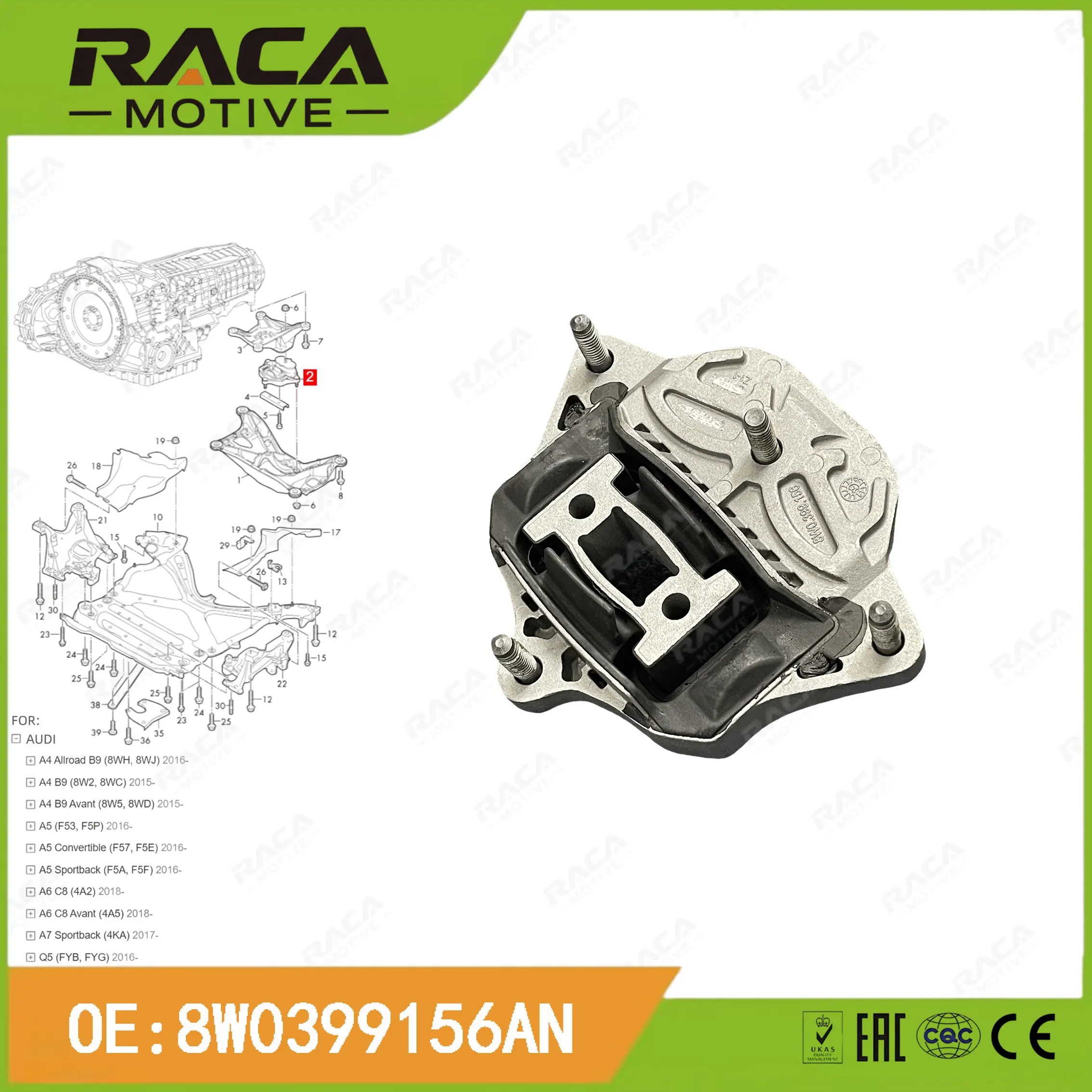 Engine Transmission Mount Suitable for Audi A4 B9(8Wh/J/2 8Wc/5/D) A5(F53/F5P/F57/F5E/F5A/F5F) A6 C8(4A2/4A5) A7(4Ka) Q5(Fyb/Fyg) 8W0399156An
Engine Transmission Mount Suitable for Audi A4 B9(8Wh/J/2 8Wc/5/D) A5(F53/F5P/F57/F5E/F5A/F5F) A6 C8(4A2/4A5) A7(4Ka) Q5(Fyb/Fyg) 8W0399156An