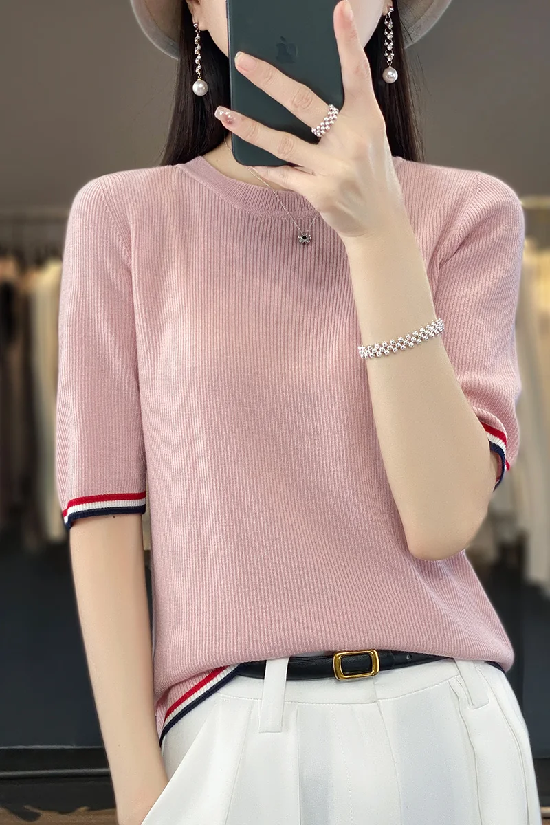 New summer women's ice silk round neck knit short sleeve casual color-blocked t-shirt top slim thin breathable half sleeve
New summer women's ice silk round neck knit short sleeve casual color-blocked t-shirt top slim thin breathable half sleeve