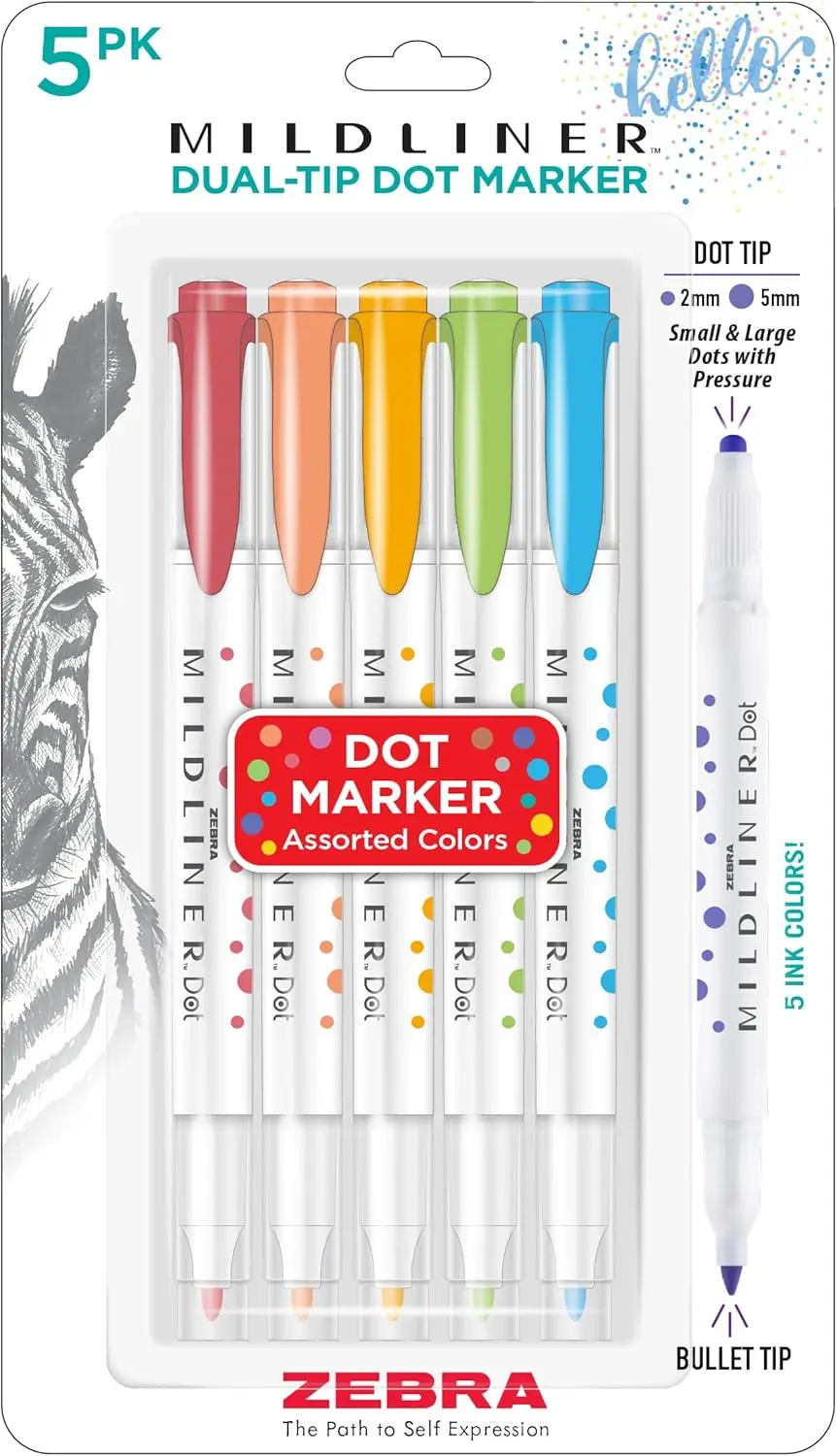 Dual-Tip Dot Stamp Markers, Water-Based Pigment Ink, 5 Assorted Colors, Fine & Stamp Tips for Journaling, Bullet Lists, 5-Pack
Dual-Tip Dot Stamp Markers, Water-Based Pigment Ink, 5 Assorted Colors, Fine & Stamp Tips for Journaling, Bullet Lists, 5-Pack