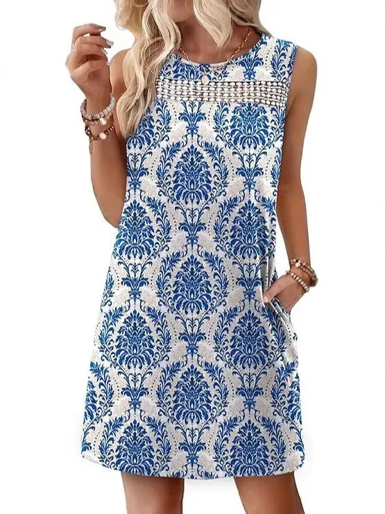 Summer Women's Clothing Sleeveless Printed Lace Trim Midi Dress For Woman Polyester Round Neck Relaxed Waist Casual Wear
Summer Women's Clothing Sleeveless Printed Lace Trim Midi Dress For Woman Polyester Round Neck Relaxed Waist Casual Wear