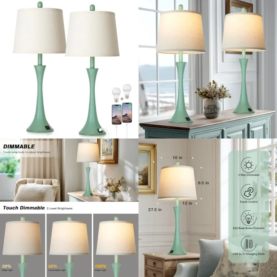 Coastal Modern Green Table Lamps Set of 2 for Living Room, 27.5" Tall Bedside Lamp with USB Charging Port, 3-Way Dimmable Touch
Coastal Modern Green Table Lamps Set of 2 for Living Room, 27.5" Tall Bedside Lamp with USB Charging Port, 3-Way Dimmable Touch