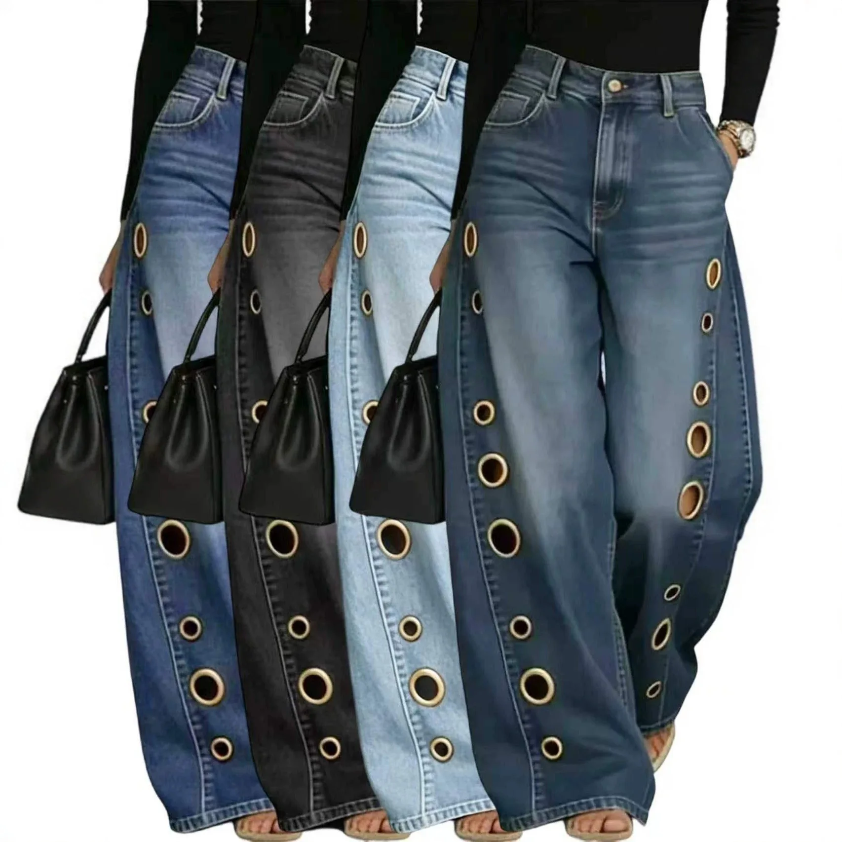 Summer New European and American Women's Solid-Color Metal Frame Openwork Relaxed-Fit Jeans
Summer New European and American Women's Solid-Color Metal Frame Openwork Relaxed-Fit Jeans