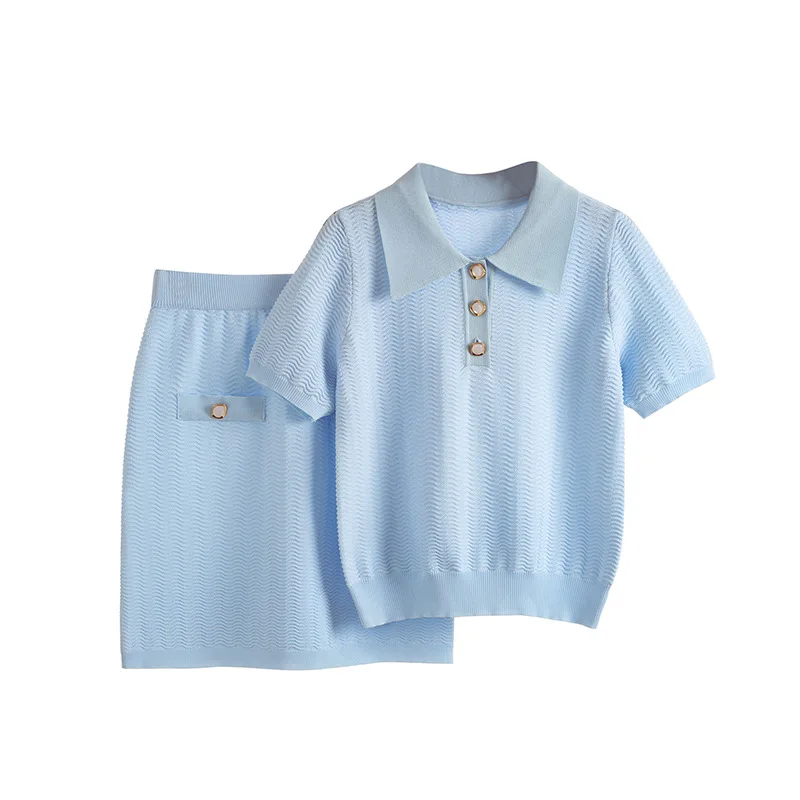 Women's Summer Blue Knitted 2 pcs Set Polo Neck Short sleeved T-shirt+High Waist Wrapped Hip Dress Casual Set
Women's Summer Blue Knitted 2 pcs Set Polo Neck Short sleeved T-shirt+High Waist Wrapped Hip Dress Casual Set