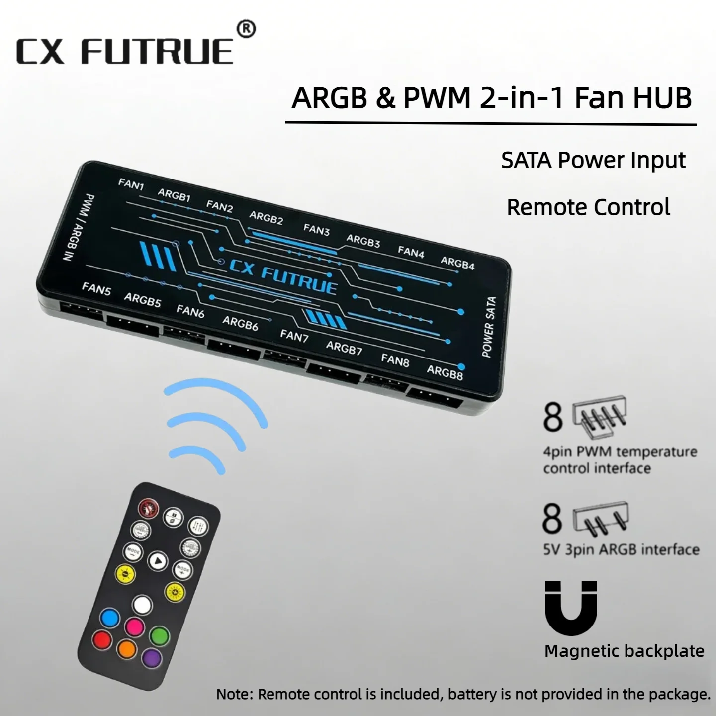 8-Port PWM ARGB Fan Controller Hub with Remote (Battery Not Included), 5V 3Pin RGB, Magnetic Backplane, SATA Power Fan Splitter
8-Port PWM ARGB Fan Controller Hub with Remote (Battery Not Included), 5V 3Pin RGB, Magnetic Backplane, SATA Power Fan Splitter