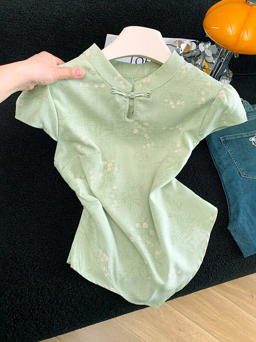 New Chinese Style Embroidered Button Short Sleeve Women's Shirt Summer Pleated Waist Slimming Stand Collar Top Fashionable
New Chinese Style Embroidered Button Short Sleeve Women's Shirt Summer Pleated Waist Slimming Stand Collar Top Fashionable