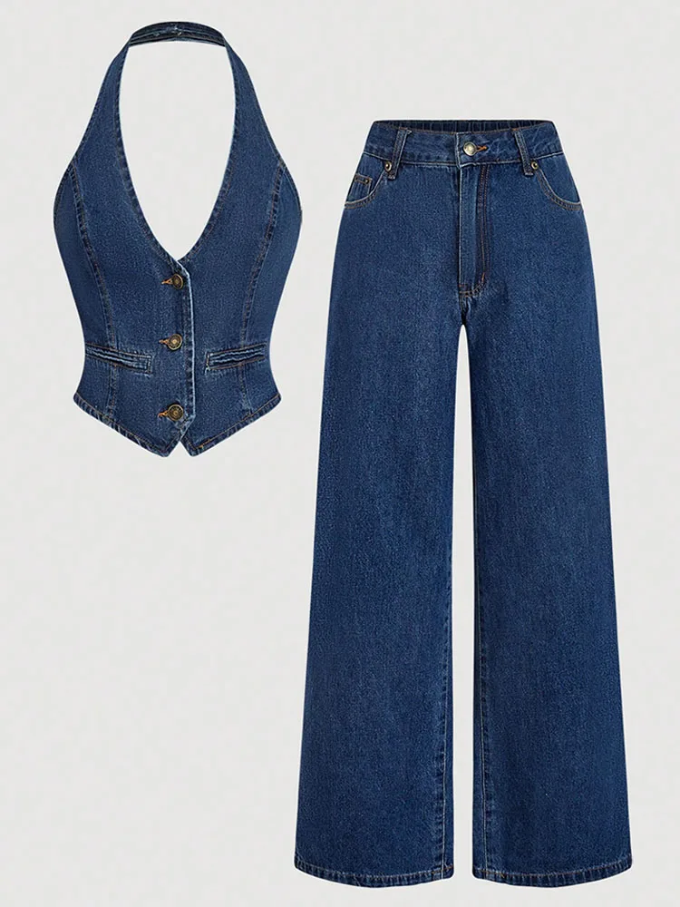 Retro Denim Pants Sets for Women Fashion Sleeveless Single Breasted Halter Tops High Waist Loose Jeans Simple Trend Casual Suits
Retro Denim Pants Sets for Women Fashion Sleeveless Single Breasted Halter Tops High Waist Loose Jeans Simple Trend Casual Suits