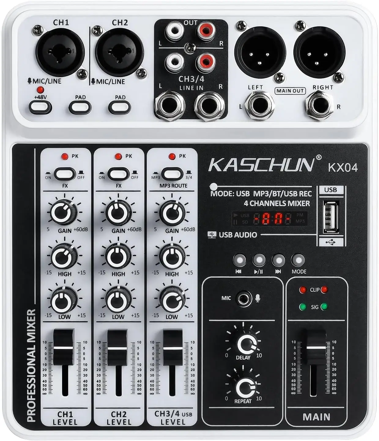 4-Channel DJ Audio Mixer, Bluetooth Sound Board, USB MP3, 48V Phantom Power for Karaoke, Podcasting, Live Streaming
4-Channel DJ Audio Mixer, Bluetooth Sound Board, USB MP3, 48V Phantom Power for Karaoke, Podcasting, Live Streaming