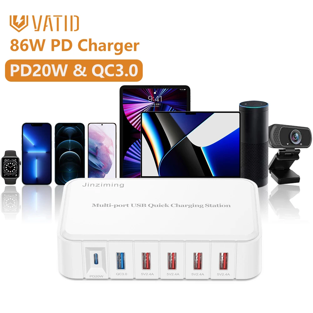 VATID 6-Ports PD Charger 18W QC3.0 USB Charger 86W Desktop Charging Station Adaptor for iPhone 13 12 11 Pro iPad Samsung Laptop
VATID 6-Ports PD Charger 18W QC3.0 USB Charger 86W Desktop Charging Station Adaptor for iPhone 13 12 11 Pro iPad Samsung Laptop