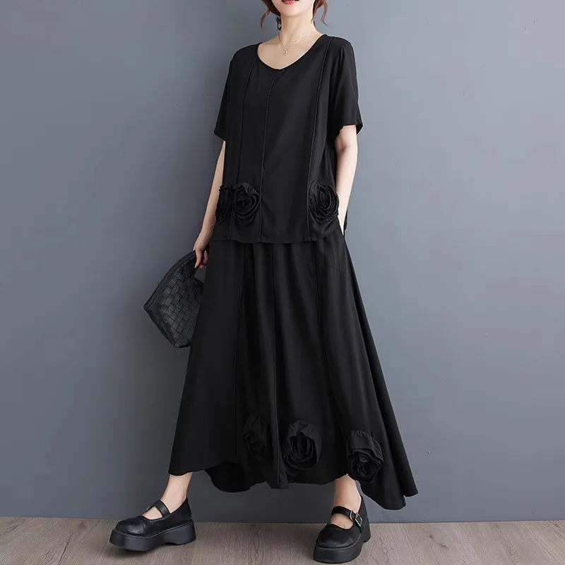 2025 Spring Summer New Fashion Black Short Sleeve T-shirt Women Loose Long Skirts Two-piece Set Female J1001
2025 Spring Summer New Fashion Black Short Sleeve T-shirt Women Loose Long Skirts Two-piece Set Female J1001