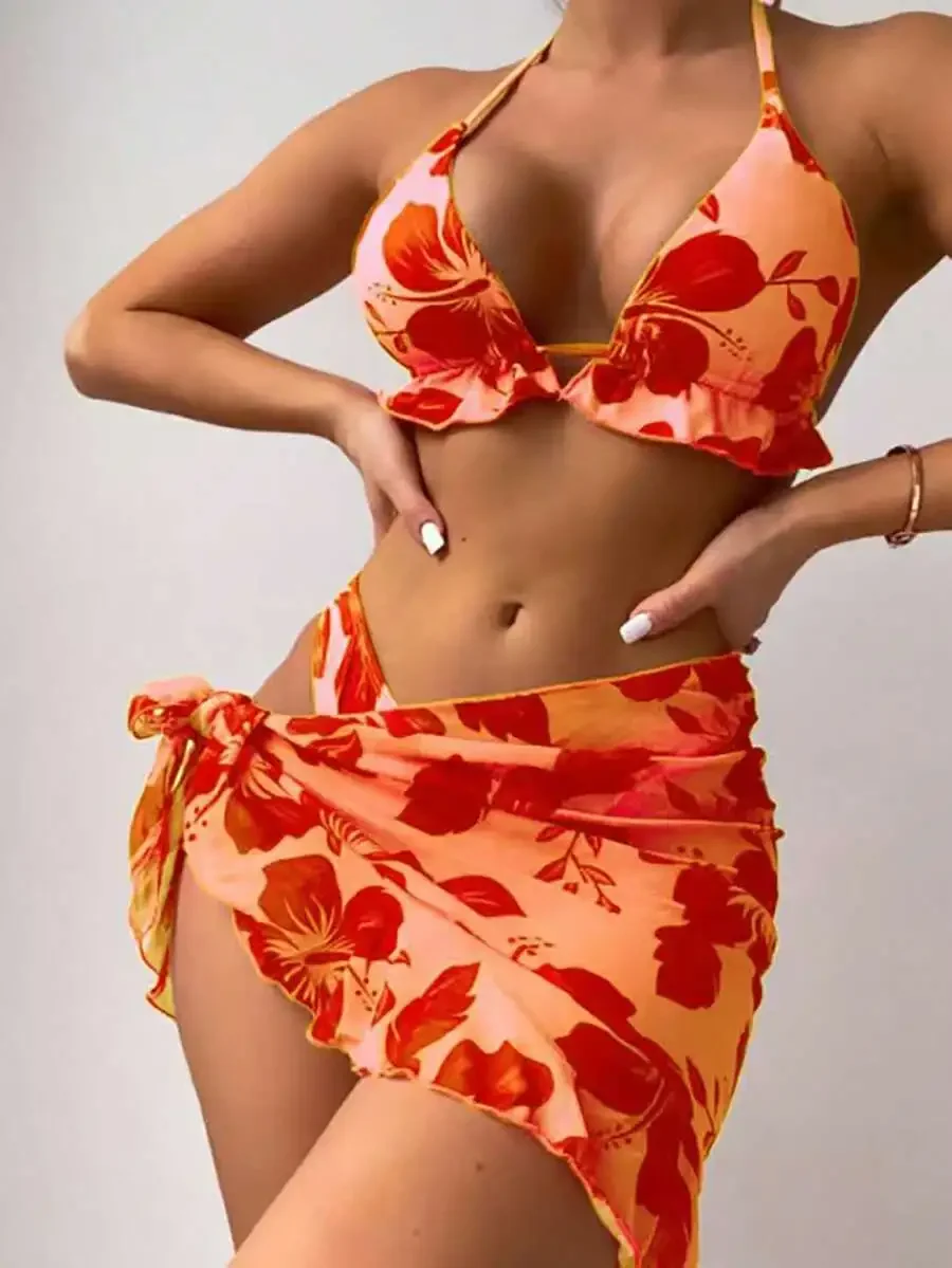 Tropical Orange Hibiscus Print Halter Bikini Top With Ruffle Trim, High-Waist Bottoms And Tied Wrap Skirt Cover-Up For Beachwear
Tropical Orange Hibiscus Print Halter Bikini Top With Ruffle Trim, High-Waist Bottoms And Tied Wrap Skirt Cover-Up For Beachwear