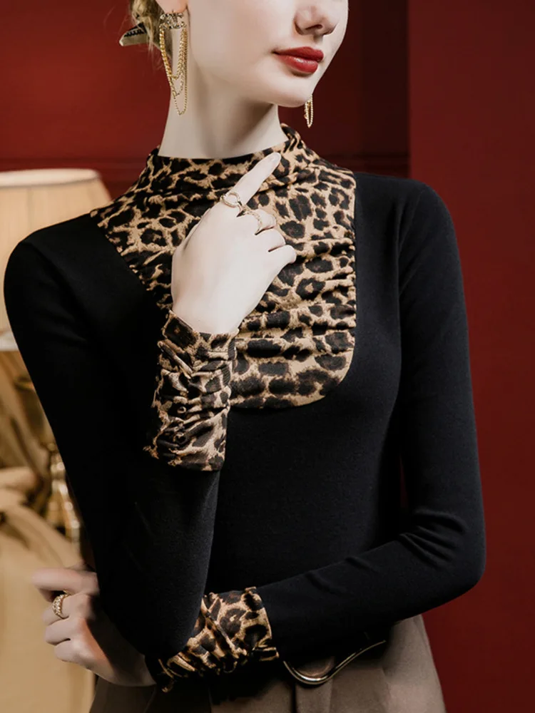 Leopard Print Patchwork Semi High Neck German Velvet Base Shirt For Women, Slim Fit 2025 Autumn/Winter Thick Style, Stylish
Leopard Print Patchwork Semi High Neck German Velvet Base Shirt For Women, Slim Fit 2025 Autumn/Winter Thick Style, Stylish