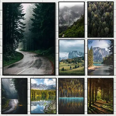 Beautiful Dark Green Forest Foggy Mountain Landscape Nature Scenery Poster Canvas Painting Wall Art Pictures Home Room Decor