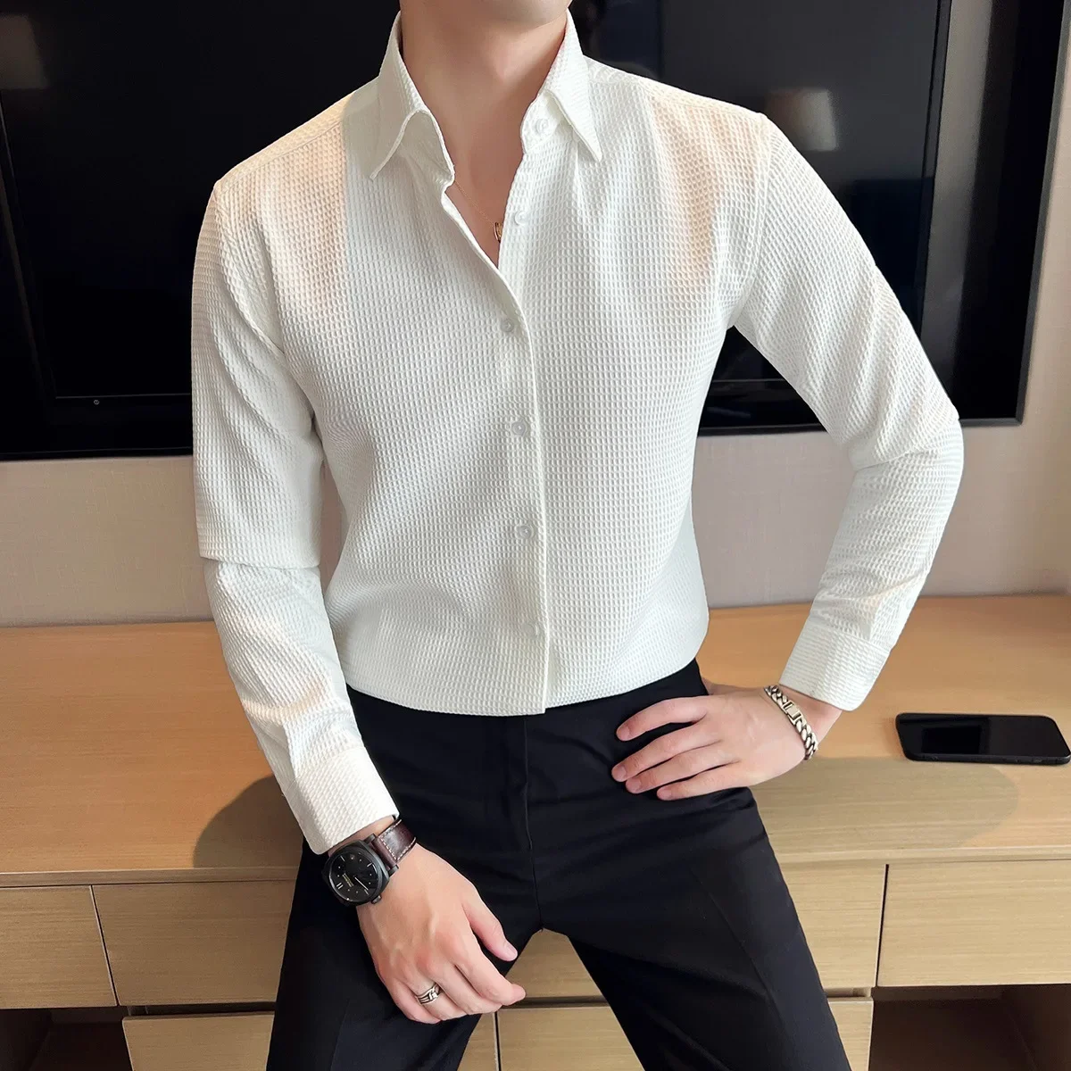 LIBIELIY Korean Waffle Solid Color Shirt Men Long Sleeve Spring And Autumn Slim Fashion Handsome Men Business Casual French Shir
LIBIELIY Korean Waffle Solid Color Shirt Men Long Sleeve Spring And Autumn Slim Fashion Handsome Men Business Casual French Shir