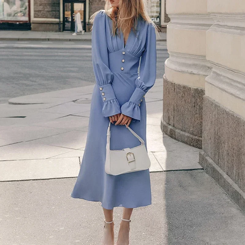 2023 Fall Casual Lantern Sleeves Slim Party Dress Fashion Long Dress for Women Sexy Ladies V-neck Button High Waist A-line Dress
2023 Fall Casual Lantern Sleeves Slim Party Dress Fashion Long Dress for Women Sexy Ladies V-neck Button High Waist A-line Dress