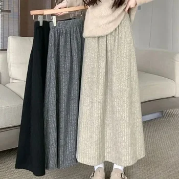 Smvp 2024 두꺼운 플러시 A 라인 스커트, 우웬 솔리드 캐주얼 하이 웨이스트 롱 스커트, 레이지 스타일 미디 스커트, 가을 겨울 신상