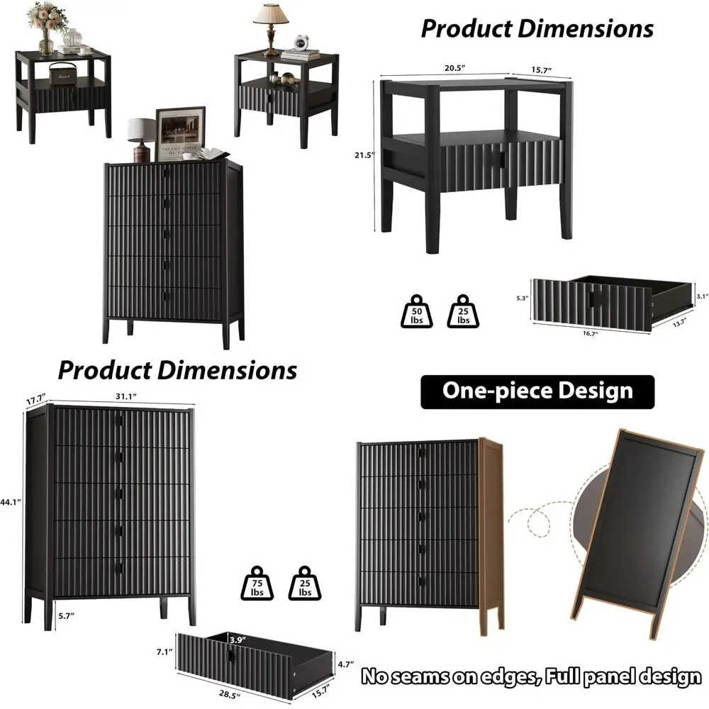Комплект из 3 предметов для спальни: комод с 5 ящиками, тумбочки с 1 ящиком, металлические ручки, приставной столик с открытой полкой.
Комплект из 3 предметов для спальни: комод с 5 ящиками, тумбочки с 1 ящиком, металлические ручки, приставной столик с открытой полкой.