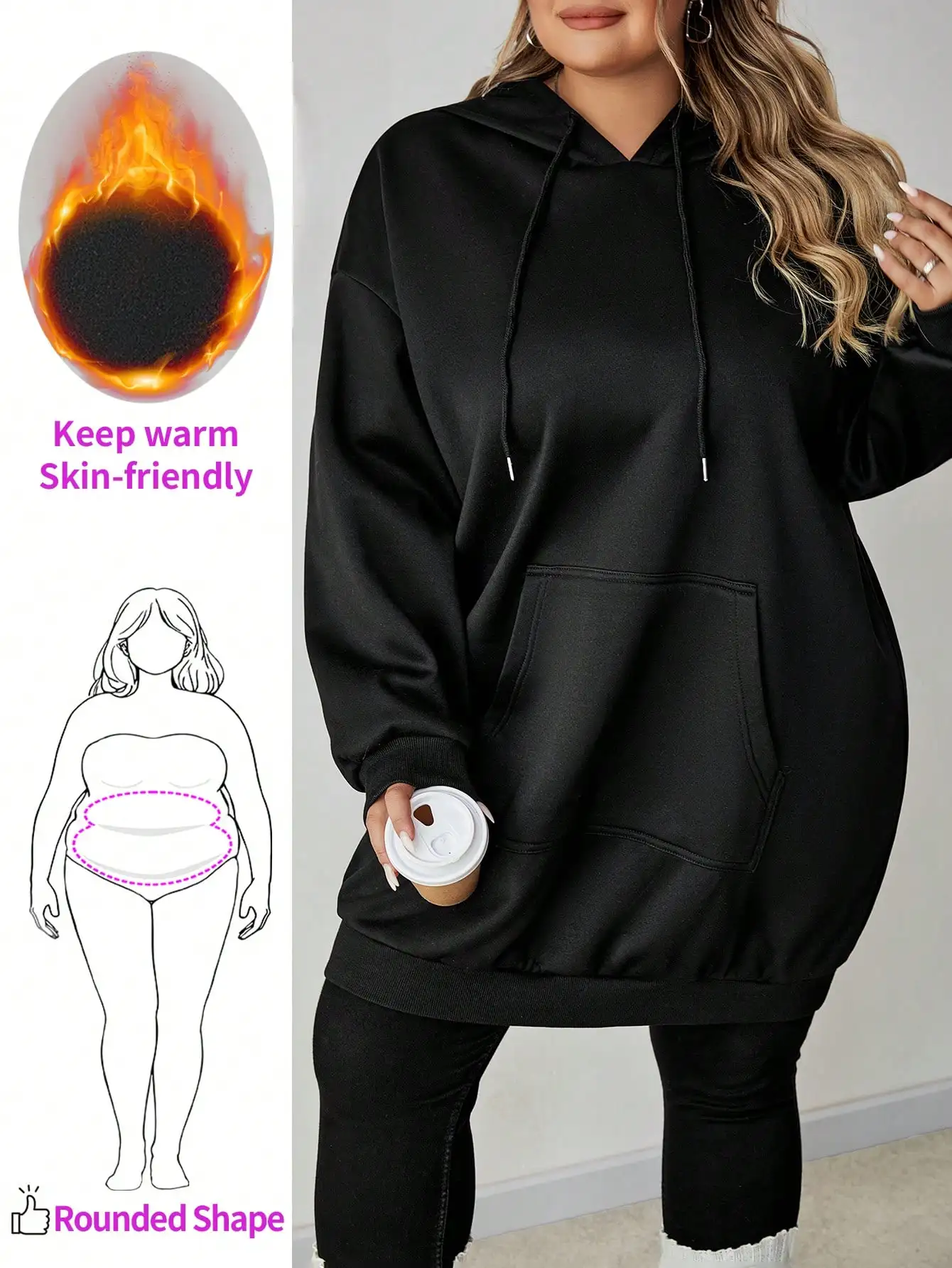 Plus Size Women's Oversized Hooded Sweatshirt with Pocket, Thermal Lined, Loose Fit for Winter
Plus Size Women's Oversized Hooded Sweatshirt with Pocket, Thermal Lined, Loose Fit for Winter