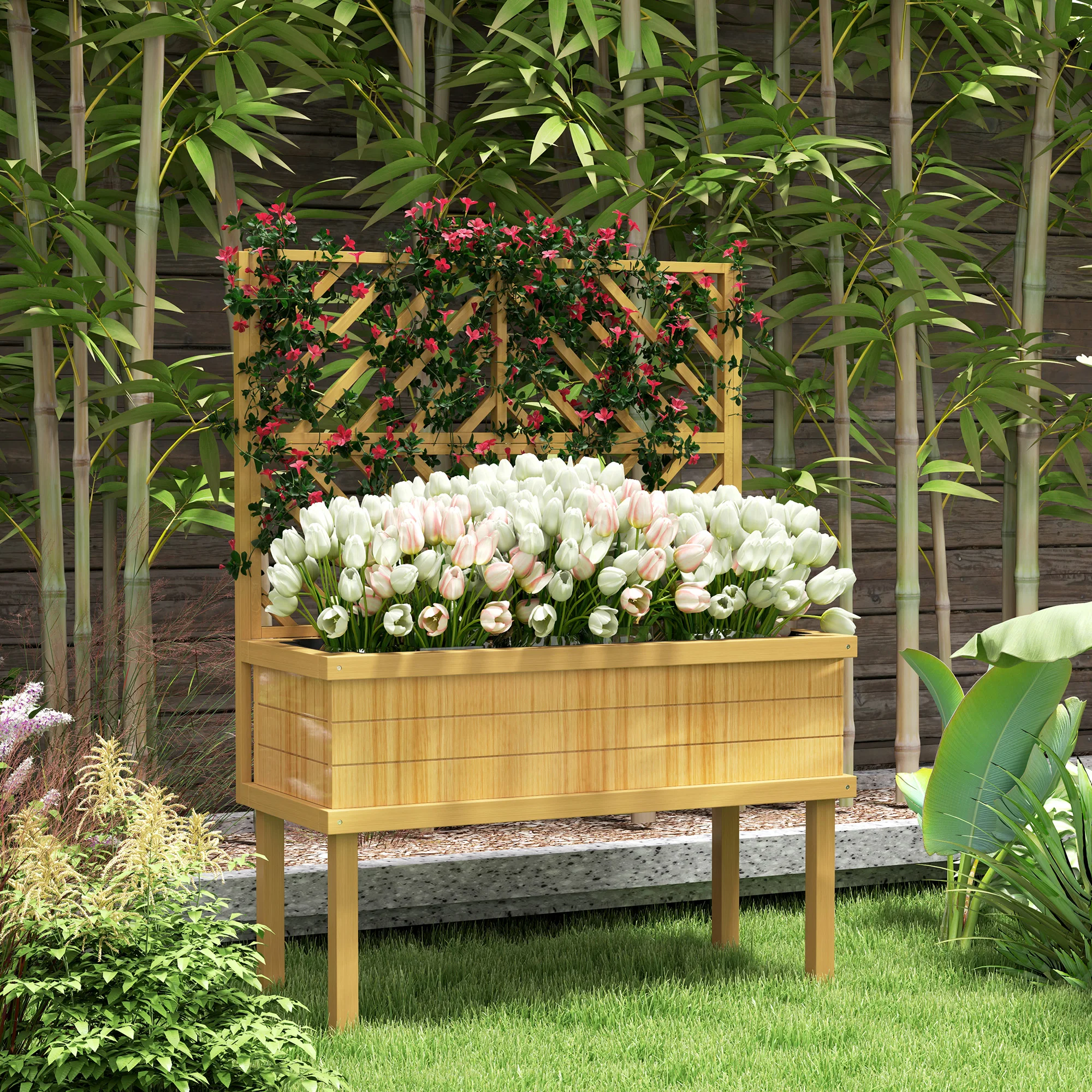 Outdoor 39 Inch Elevated Wood Planter Trellis for Climbing Plants Raised Garden Bed with Legs Drainage Holes Natural Wood
Outdoor 39 Inch Elevated Wood Planter Trellis for Climbing Plants Raised Garden Bed with Legs Drainage Holes Natural Wood