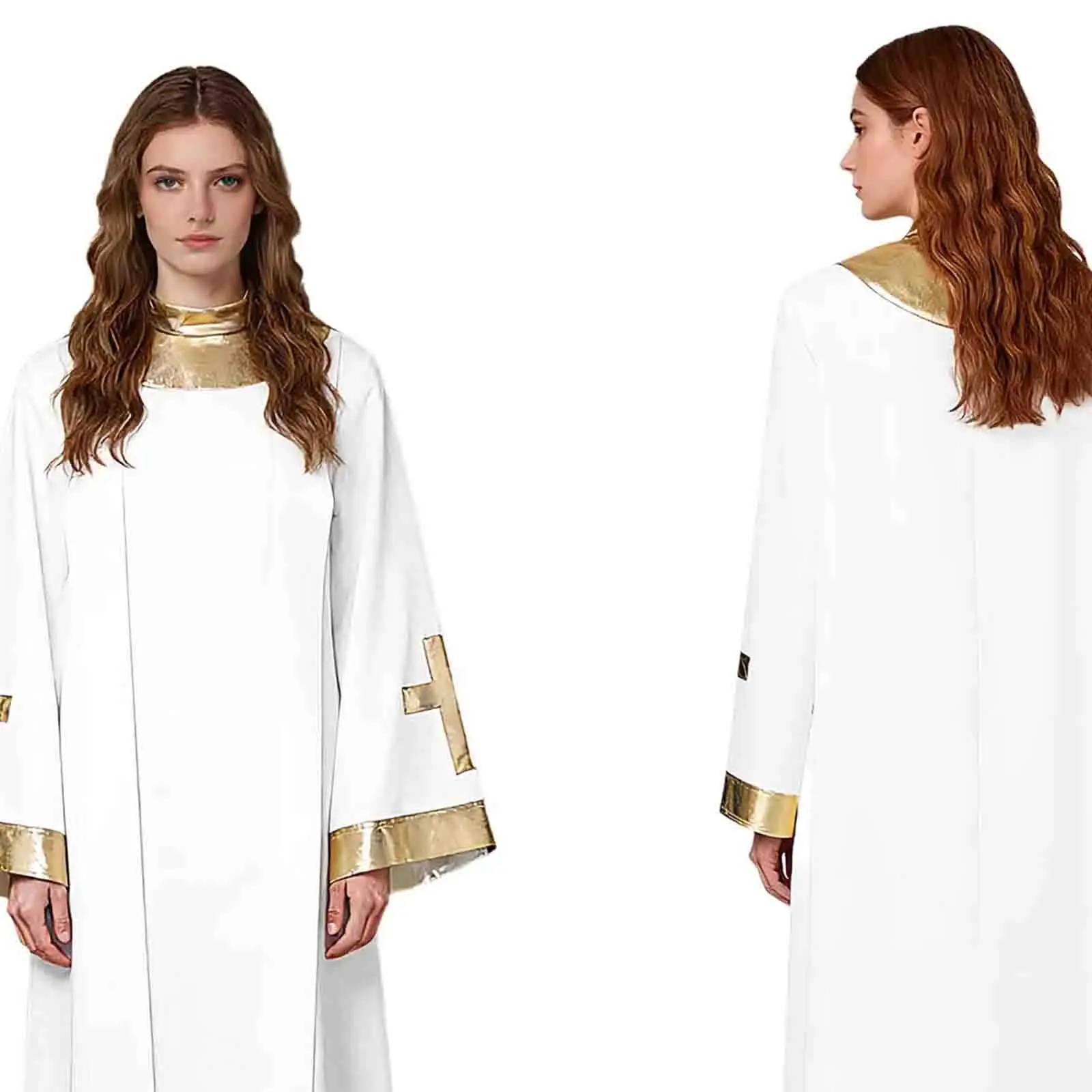 Women Liturgical Church Priest Clergy Robe Flared Sleeve with Cross Detail Metallic Gown for Pastor Judge Robe Halloween Party
Women Liturgical Church Priest Clergy Robe Flared Sleeve with Cross Detail Metallic Gown for Pastor Judge Robe Halloween Party