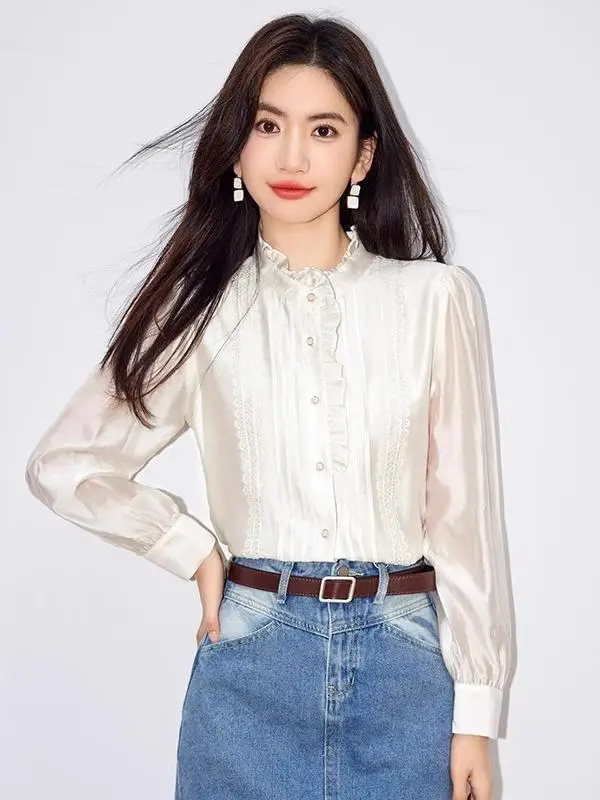 Женская шифоновая блузка Ele Slimming с длинным рукавом, новинка ранней весны 2026, осень-зима, с воротником-стойкой и кружевной отделкой
Женская шифоновая блузка Ele Slimming с длинным рукавом, новинка ранней весны 2026, осень-зима, с воротником-стойкой и кружевной отделкой