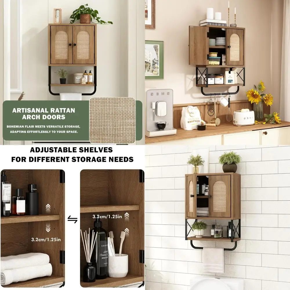 Rustic Oak Small Boho Style Rattan Bathroom Wall Cabinet with Arched Doors, Over Toilet Storage, Adjustable Shelves & Towel Bar
Rustic Oak Small Boho Style Rattan Bathroom Wall Cabinet with Arched Doors, Over Toilet Storage, Adjustable Shelves & Towel Bar