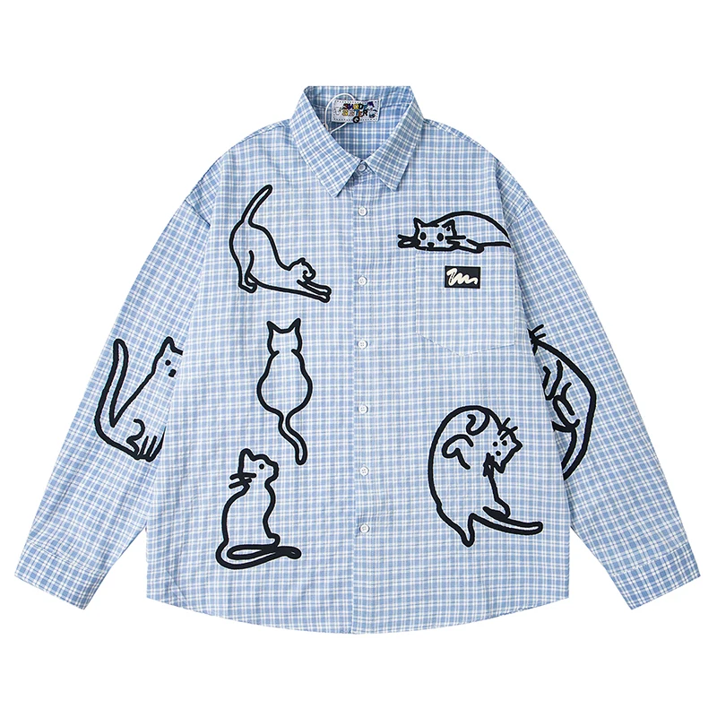 Loose Fit Plaid Shirt Men Cartoon Cat Print Long Sleeve Blouse Oversized Casual Button Up Checkered Top 2025 Streetwear Clothing 
Loose Fit Plaid Shirt Men Cartoon Cat Print Long Sleeve Blouse Oversized Casual Button Up Checkered Top 2025 Streetwear Clothing