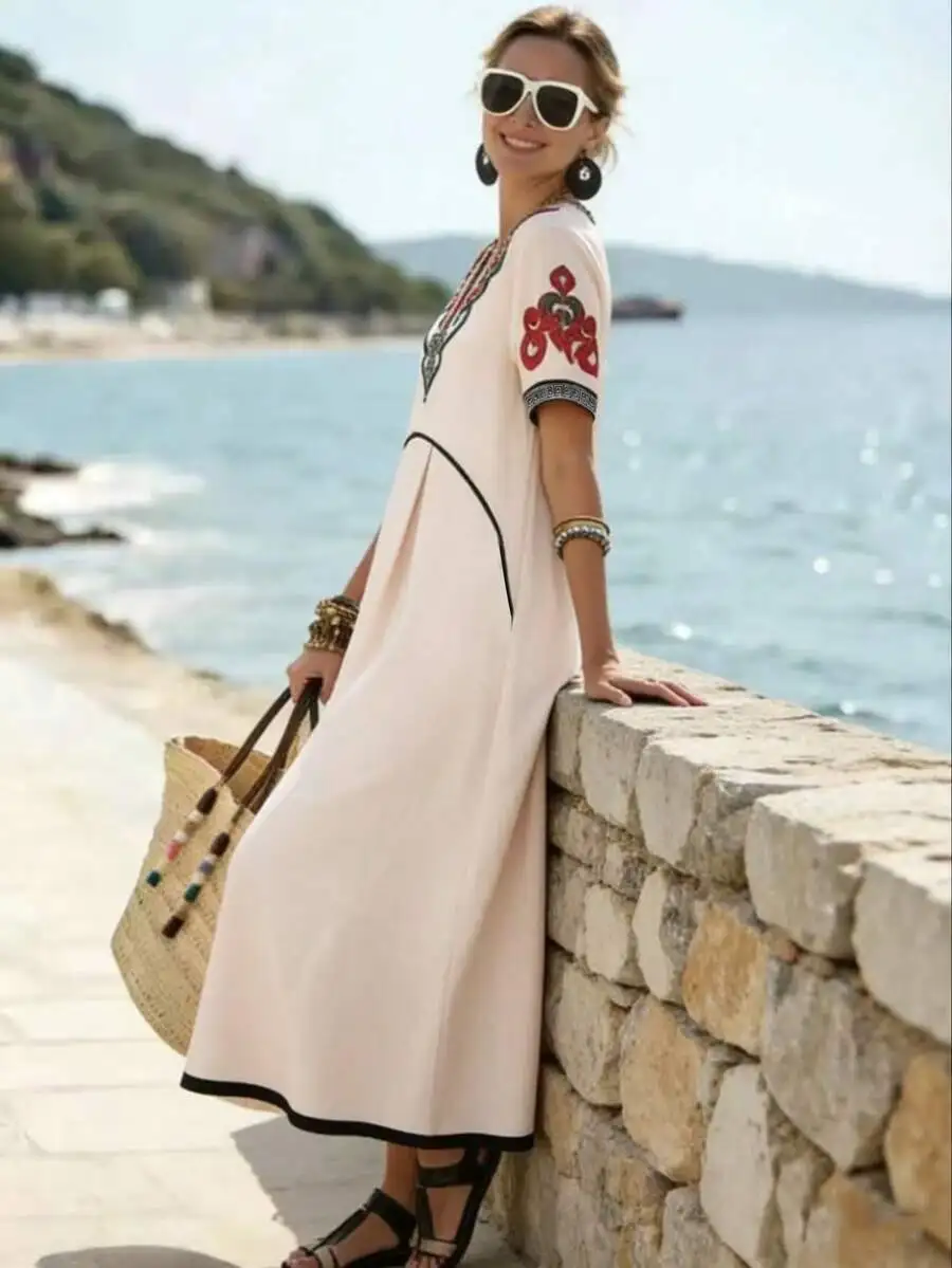Womens Embroidered Beach Dress V-Neck Loose Fit A-Line Summer Casual Resort Style
Womens Embroidered Beach Dress V-Neck Loose Fit A-Line Summer Casual Resort Style