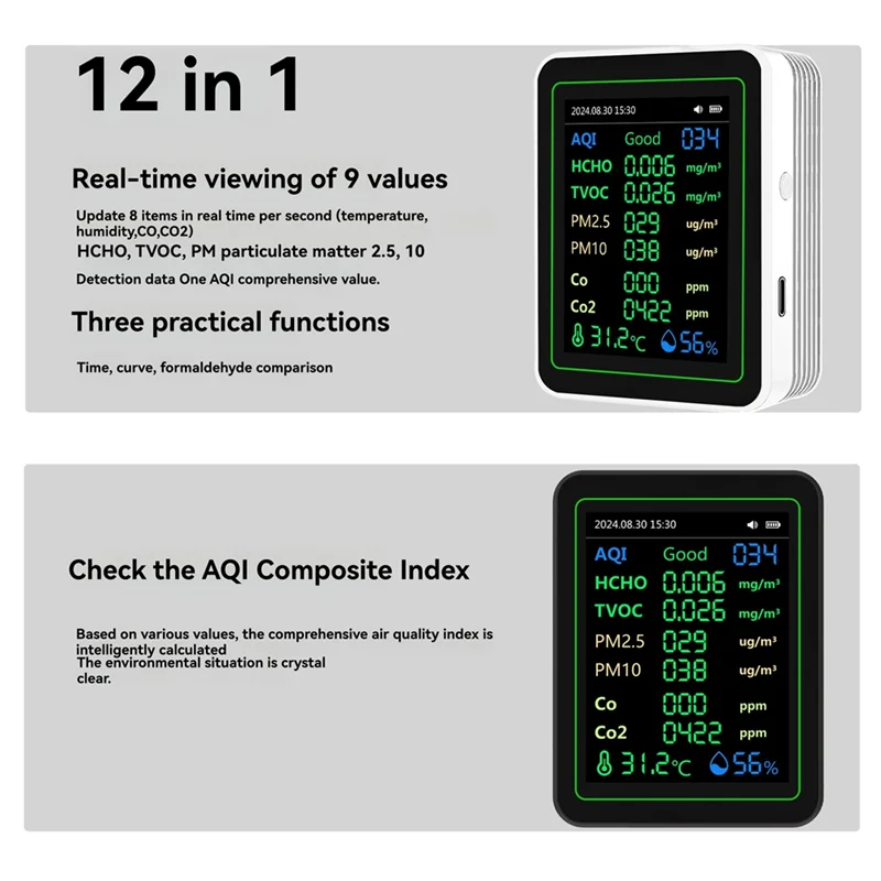 BYBS-12 In 1 Air Quality Tester Temperature/Humidity /Time/CO/CO2/Curve/TVOC/AQI/PM2.5/PM10/Formaldehyde With Bracket
BYBS-12 In 1 Air Quality Tester Temperature/Humidity /Time/CO/CO2/Curve/TVOC/AQI/PM2.5/PM10/Formaldehyde With Bracket
