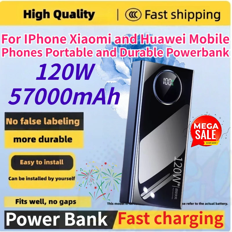 New 57000mAh 120W High-capacity Power Bank for IPhone Xiaomi and Huawei Mobile Phones Portable and Durable Powerbank
New 57000mAh 120W High-capacity Power Bank for IPhone Xiaomi and Huawei Mobile Phones Portable and Durable Powerbank