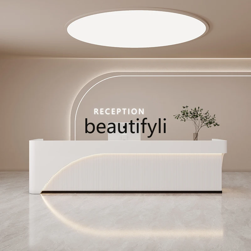 Simple modern light luxury beauty salon curved checkout page paint bar company front desk
Simple modern light luxury beauty salon curved checkout page paint bar company front desk