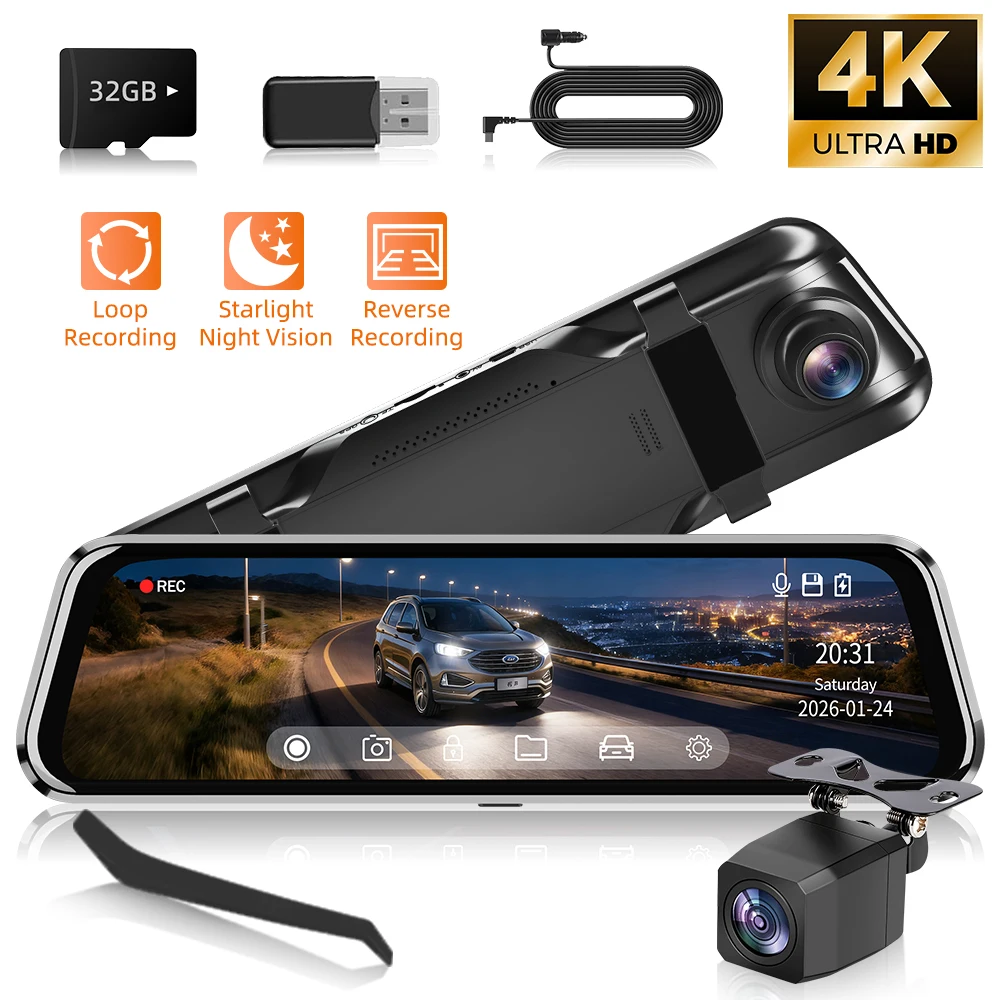 4K UHD Двухканальная видеокамера для автомобиля (передняя и задняя) - 10-дюймовое сенсорное зеркало-камера с ночным видением и G-сенсором | В комплекте SD-карта на 32 ГБ (в подарок)
4K UHD Двухканальная видеокамера для автомобиля (передняя и задняя) - 10-дюймовое сенсорное зеркало-камера с ночным видением и G-сенсором | В комплекте SD-карта на 32 ГБ (в подарок)
