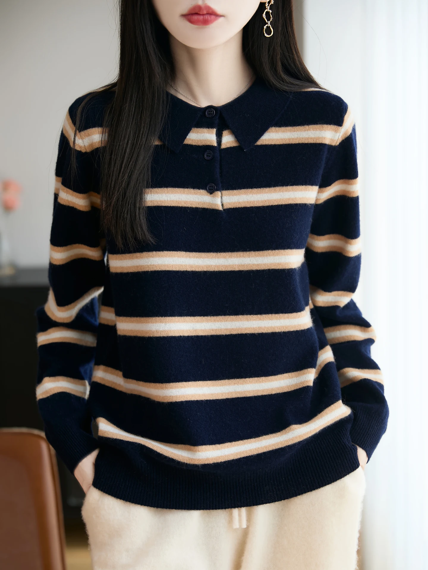 Elegant Woman 100% Merino Wool Sweater Autumn Winter Knitted Pullover Ladies Striped Long Sleeve Clothes Tops Polo Collar Jersey
Elegant Woman 100% Merino Wool Sweater Autumn Winter Knitted Pullover Ladies Striped Long Sleeve Clothes Tops Polo Collar Jersey