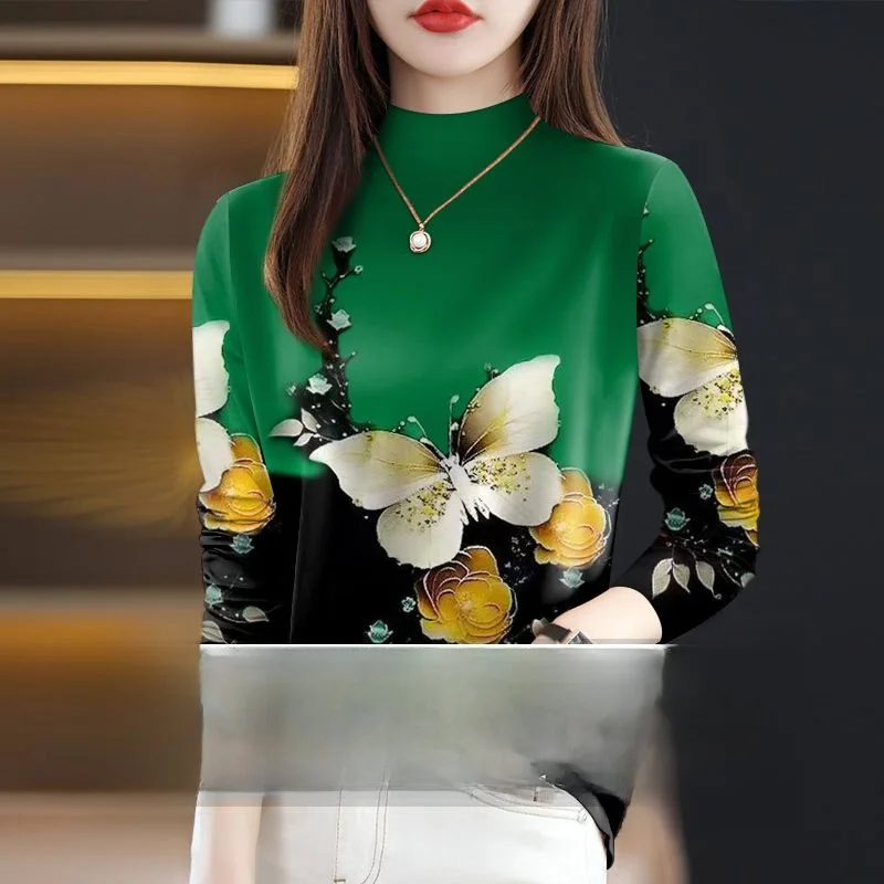 Thickened Fleece Long Sleeve Half High Collar Printed T-Shirt Women's Base Shirt Autumn Commute Style Floral Print Casual Top
Thickened Fleece Long Sleeve Half High Collar Printed T-Shirt Women's Base Shirt Autumn Commute Style Floral Print Casual Top