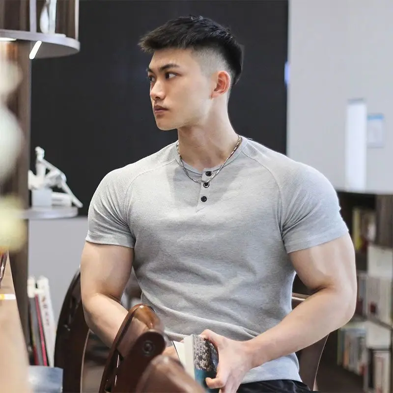Summer Gym Men's Sports T-shirt Cotton Fashion Fitness Casual Solid Color Button Henry T-shirt Slim stripe Short Sleeve Tee Tops
Summer Gym Men's Sports T-shirt Cotton Fashion Fitness Casual Solid Color Button Henry T-shirt Slim stripe Short Sleeve Tee Tops