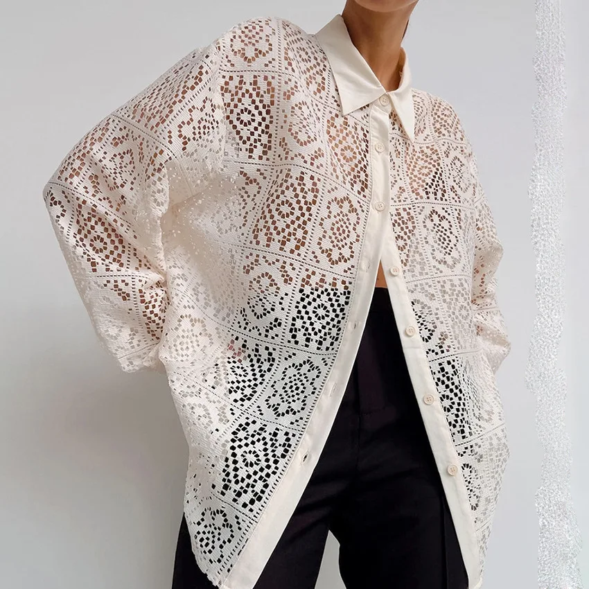 Women Hollow Out Button Lapel Shirt Chic Elegant Floral Lace Fluffy Long Sleeve Tops Fashion Sexy Oversize White Blouse 2025
Women Hollow Out Button Lapel Shirt Chic Elegant Floral Lace Fluffy Long Sleeve Tops Fashion Sexy Oversize White Blouse 2025