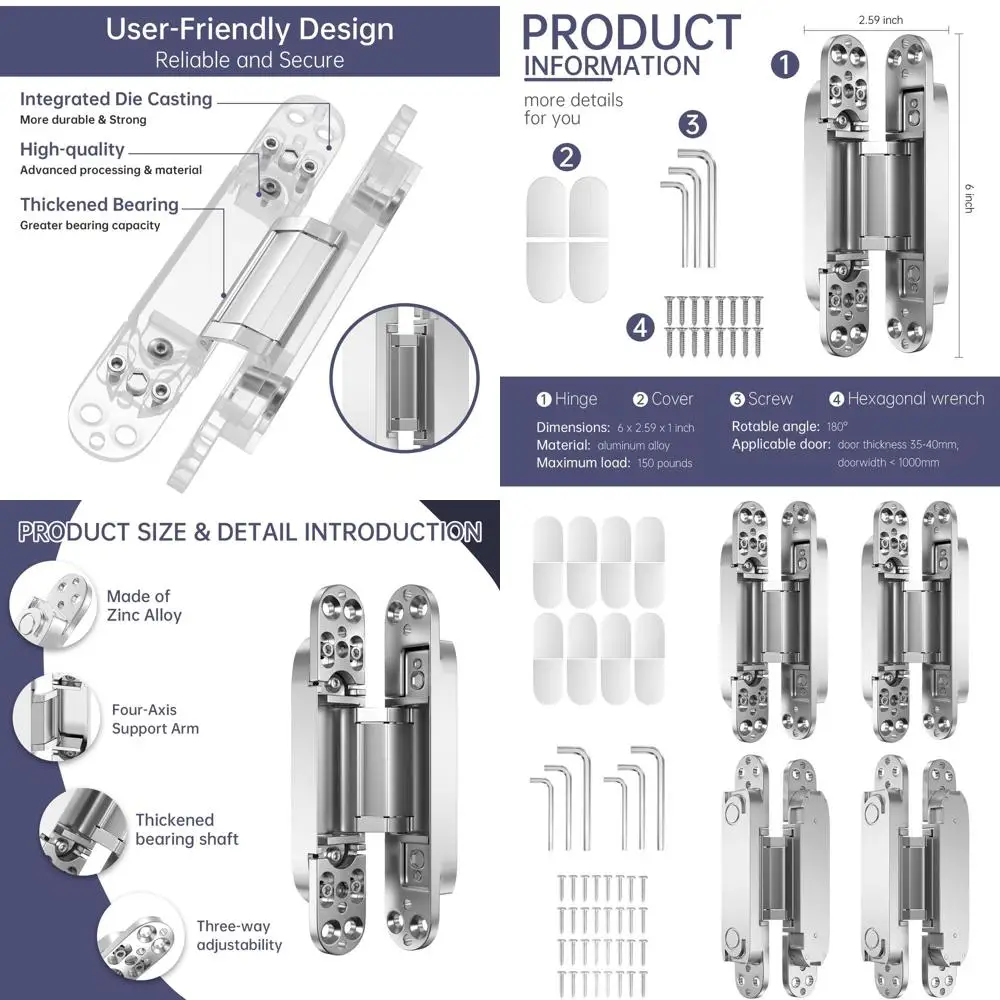 6-Inch 180° Swing Zinc Alloy Concealed Hinges, 3-Way Adjustable, Silent Door Hinges, 6x2.5x1 Inch (Silver)
6-Inch 180° Swing Zinc Alloy Concealed Hinges, 3-Way Adjustable, Silent Door Hinges, 6x2.5x1 Inch (Silver)