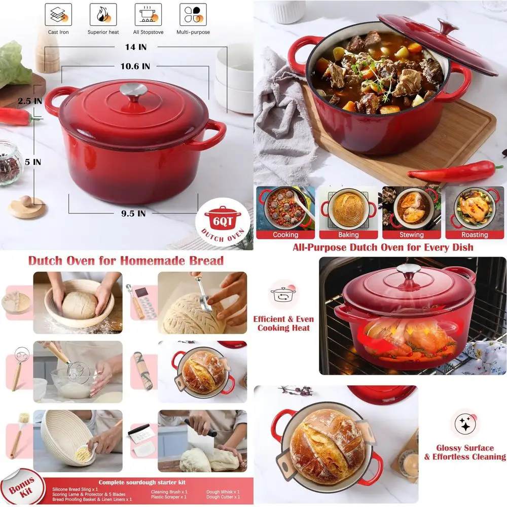 6-литровая эмалированная чугунная голландская духовка для выпечки хлеба с самонамывающейся крышкой и стартовыми принадлежностями для приготовления на ударе, сверхмощная кастрюля
6-литровая эмалированная чугунная голландская духовка для выпечки хлеба с самонамывающейся крышкой и стартовыми принадлежностями для приготовления на ударе, сверхмощная кастрюля