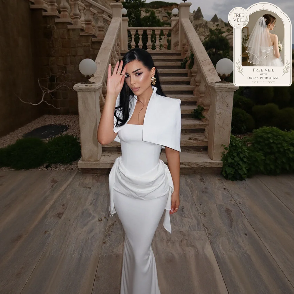 Civil Satin Wedding Dress with Cape Elegant White Engagement Party Dresses Mermaid White Bride Gowns Ankle-length Customized
Civil Satin Wedding Dress with Cape Elegant White Engagement Party Dresses Mermaid White Bride Gowns Ankle-length Customized