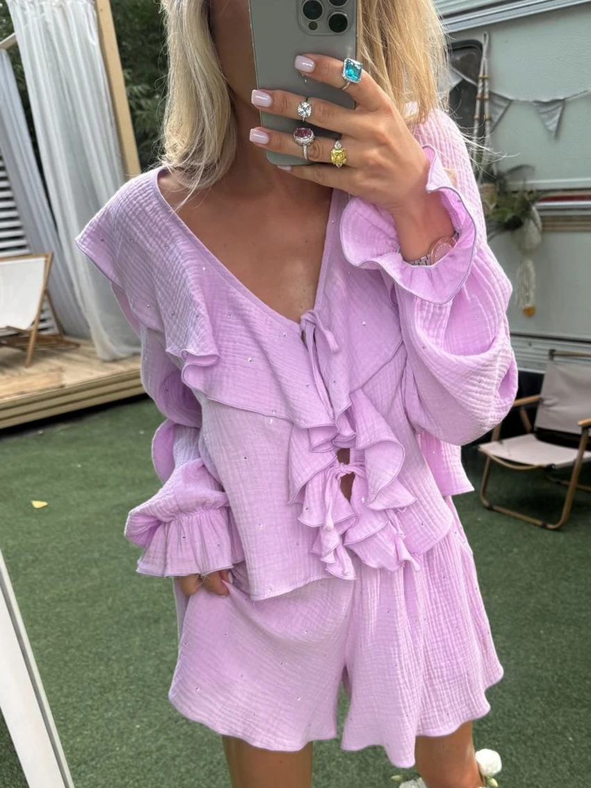 Marthaqiqi Cotton Female Sleepwear Set V-Neck Nightgows Lace Up Nightie Long Sleeve Nightwear Shorts Causal Pajama 2 Piece Suit
Marthaqiqi Cotton Female Sleepwear Set V-Neck Nightgows Lace Up Nightie Long Sleeve Nightwear Shorts Causal Pajama 2 Piece Suit
