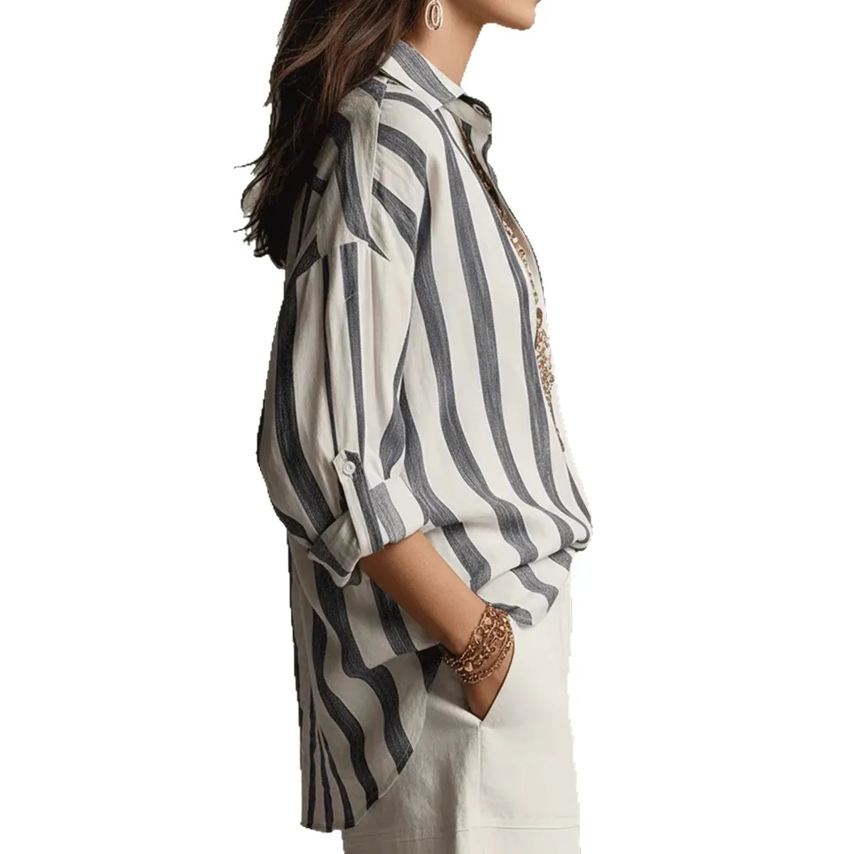 Women's Blouse Striped Long Sleeve Casual Blouses Turn Down Collar Buttonless Blouse White Base Navy Striped Pullover Blouse
Women's Blouse Striped Long Sleeve Casual Blouses Turn Down Collar Buttonless Blouse White Base Navy Striped Pullover Blouse