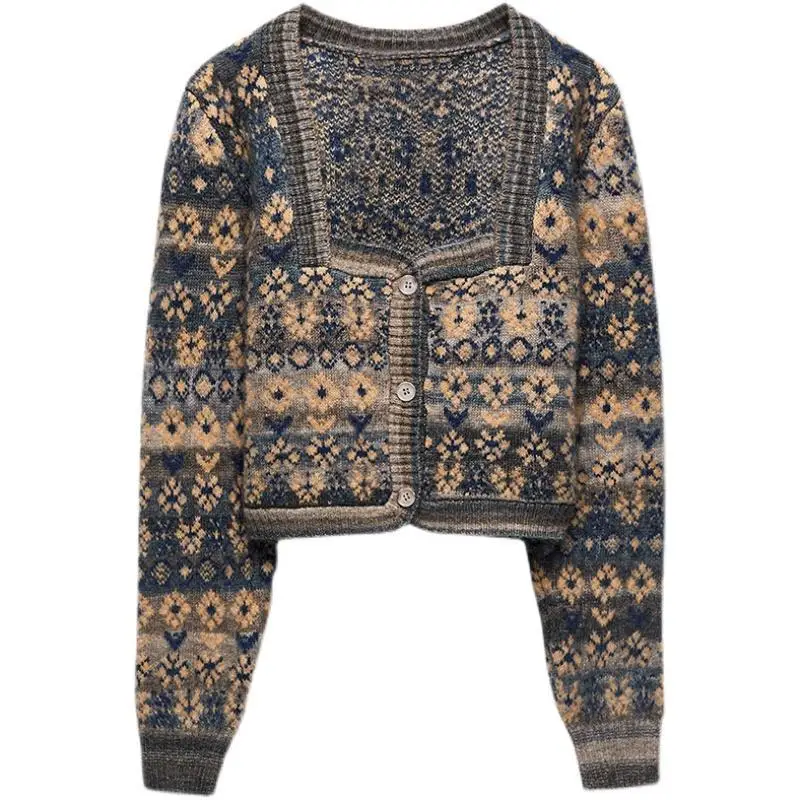 Retro square neck jacquard sweater jacket women's autumn and winter new French design shows height short knitted cardigan top
Retro square neck jacquard sweater jacket women's autumn and winter new French design shows height short knitted cardigan top