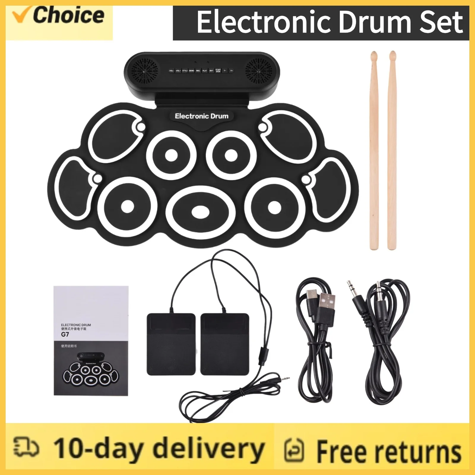 Электронная барабанная установка с двойным динамиком, свернутая барабанная площадка, 9-подушечки, поддерживает BT MIDI, различные аудиоразъемы для наушников
Электронная барабанная установка с двойным динамиком, свернутая барабанная площадка, 9-подушечки, поддерживает BT MIDI, различные аудиоразъемы для наушников