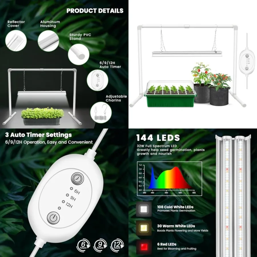 Grow Lights for Seed Starting with 6/9/12H Timer, 2Feet 144 LEDs Full Spectrum Grow Light Seedling Stand for Indoor Plants, 32W
Grow Lights for Seed Starting with 6/9/12H Timer, 2Feet 144 LEDs Full Spectrum Grow Light Seedling Stand for Indoor Plants, 32W