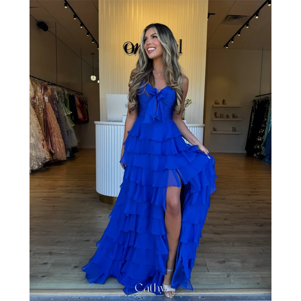 Cathy Blue Strapless Tiered Ruffles Prom Dress Side Slit Chiffon vestidos de noiva Customized A-line Floor-length Formal Evening
Cathy Blue Strapless Tiered Ruffles Prom Dress Side Slit Chiffon vestidos de noiva Customized A-line Floor-length Formal Evening