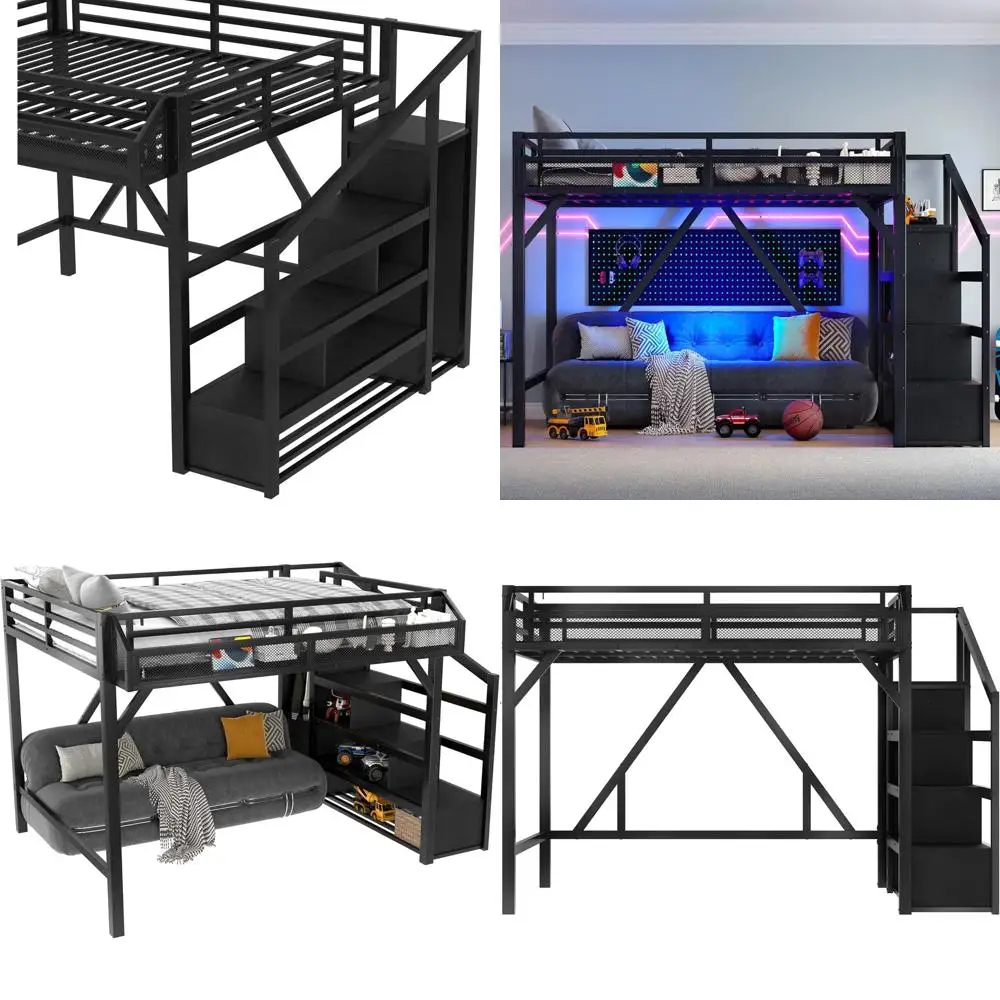 Черная металлическая двухъярусная кровать размера Queen с LED-подсветкой, USB-портами, местом для хранения и трансформируемыми лестницами для детей и взрослых
Черная металлическая двухъярусная кровать размера Queen с LED-подсветкой, USB-портами, местом для хранения и трансформируемыми лестницами для детей и взрослых