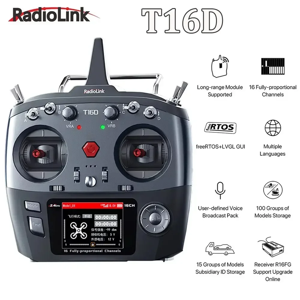 RadioLink T16D 16 Channels RC Transmitter 2.4GHz with R16F Receiver Remote Controller for RC Car Boat Drone
RadioLink T16D 16 Channels RC Transmitter 2.4GHz with R16F Receiver Remote Controller for RC Car Boat Drone